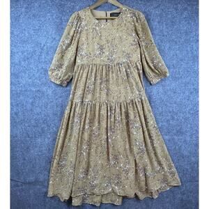 Code X Mode Dress Small Tan Purple Peasant Cottage Farm Tiered Gathered Priairie